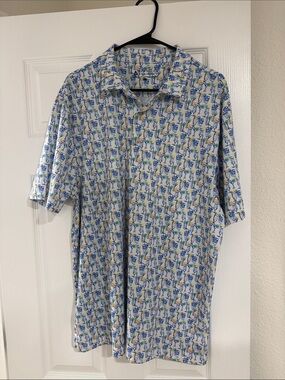 Bermuda Sands White Shirt with Blue & Yellow Tropical Cocktail Print